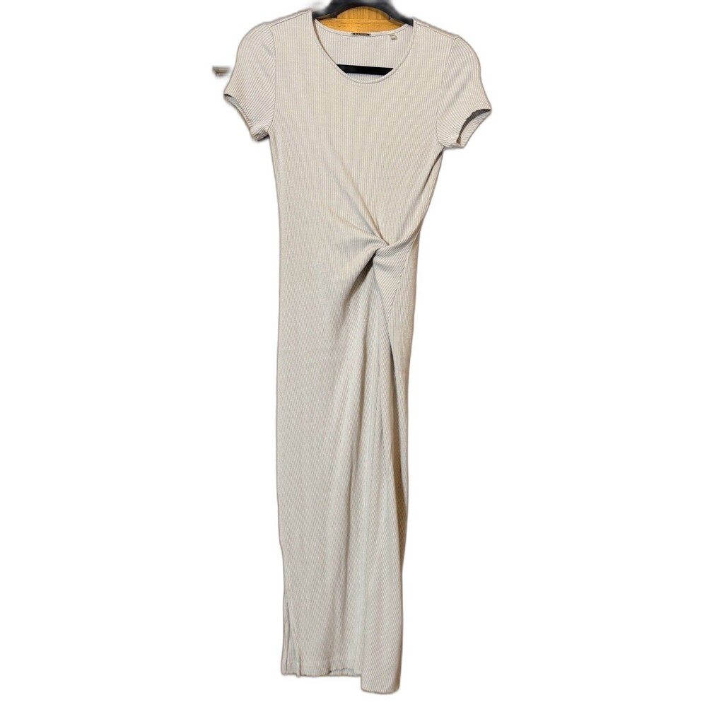 Elie Tahari Melissa Ribbed Knit Twist-Front Midi Dress Beige Side Slit Size M